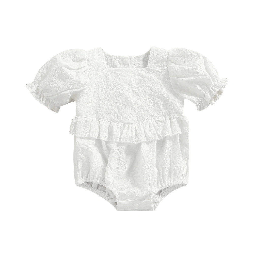 Baby Girl Puff Short Sleeve Solid Lace Jacquard Ruffle Bodysuit 