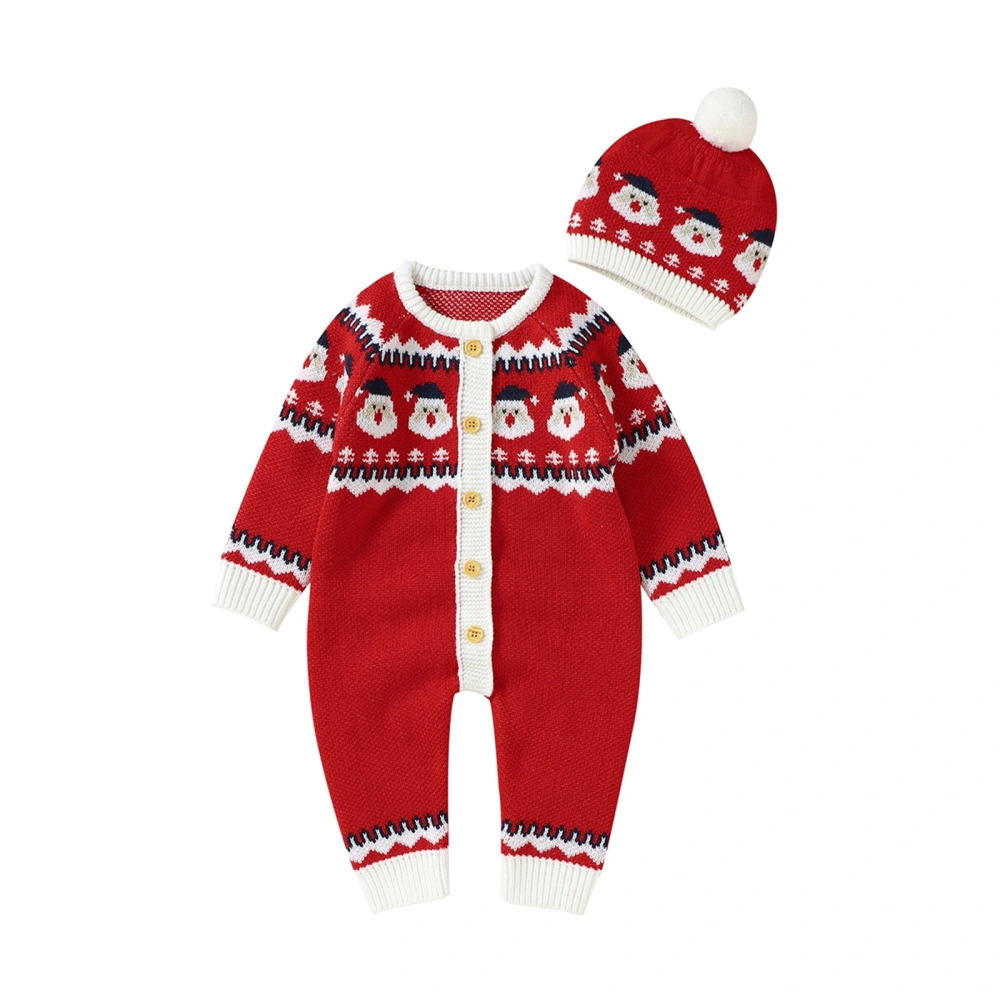 Baby 2PCS Winter Outfits, Button Down Knitted Romper + Beanie Hat Set