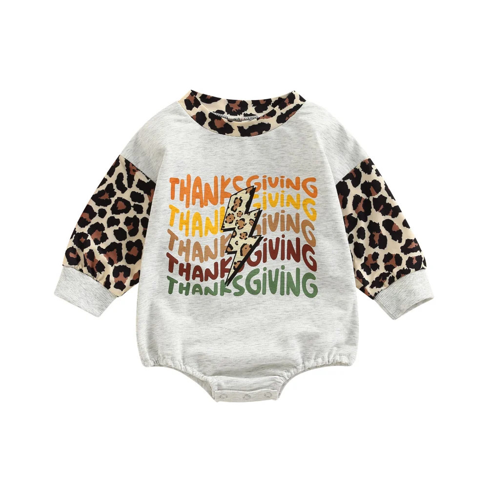 Baby Boys Girls Thanksgiving Romper Letters Leopard Print Bodysuit