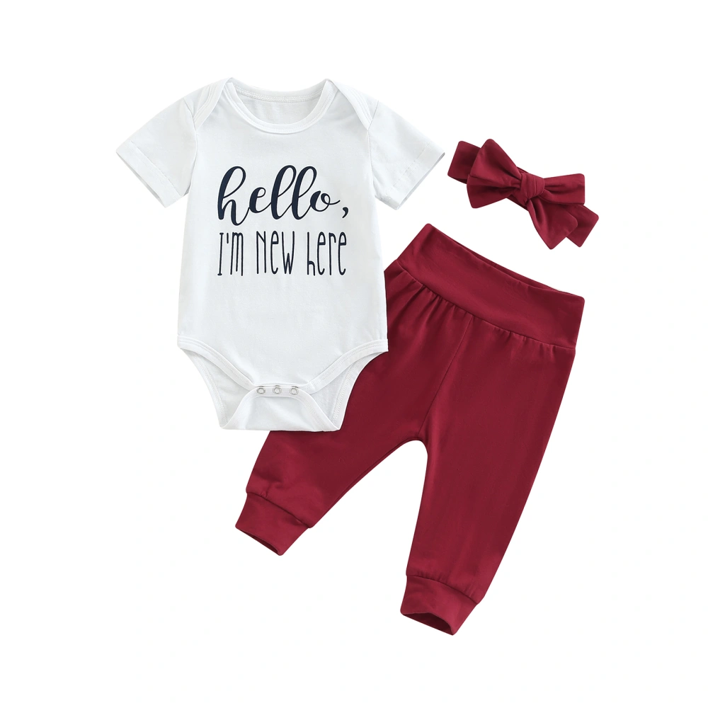 Baby Suit Set, O-Neck Short Sleeve Romper+ Trousers+ Headband