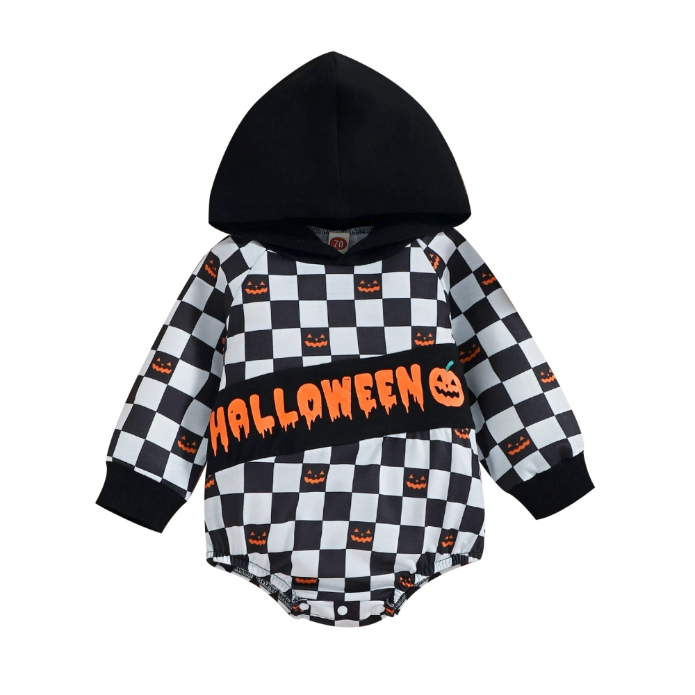 Baby Jumpsuit Hooded Halloween Letter Pumpkin Checkerboard Romper 