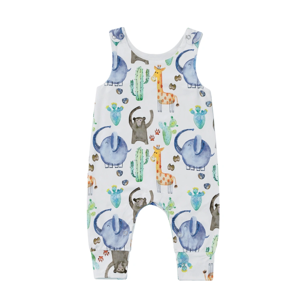 Baby Sleeveless Romper, Cartoon Animal Cactus Print O-Neck Jumpsuit