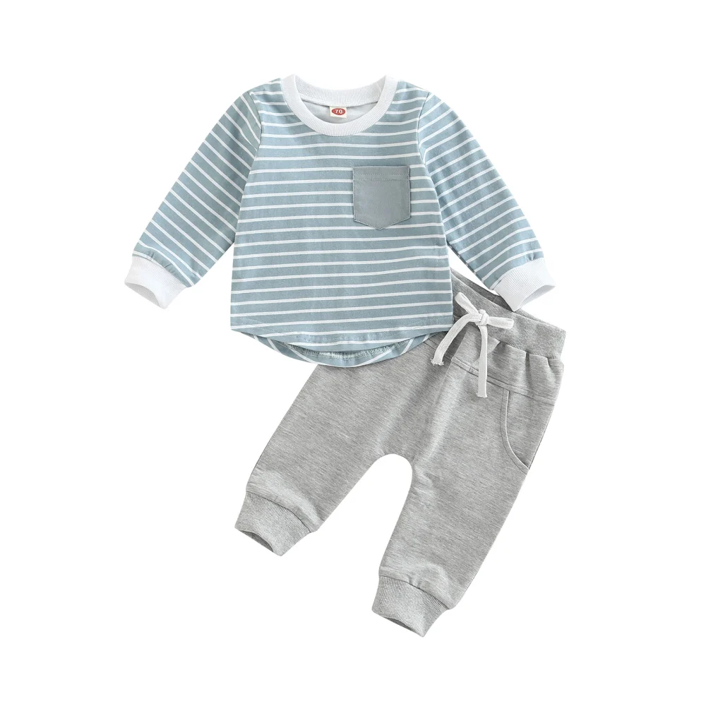 Boys Long Sleeve Striped Tops + Solid Color Drawstring Pants