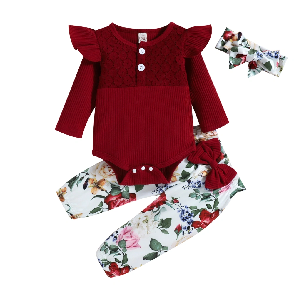 Infant Girl Solid Long Sleeve Ruffle Romper + Floral Pants + Headband