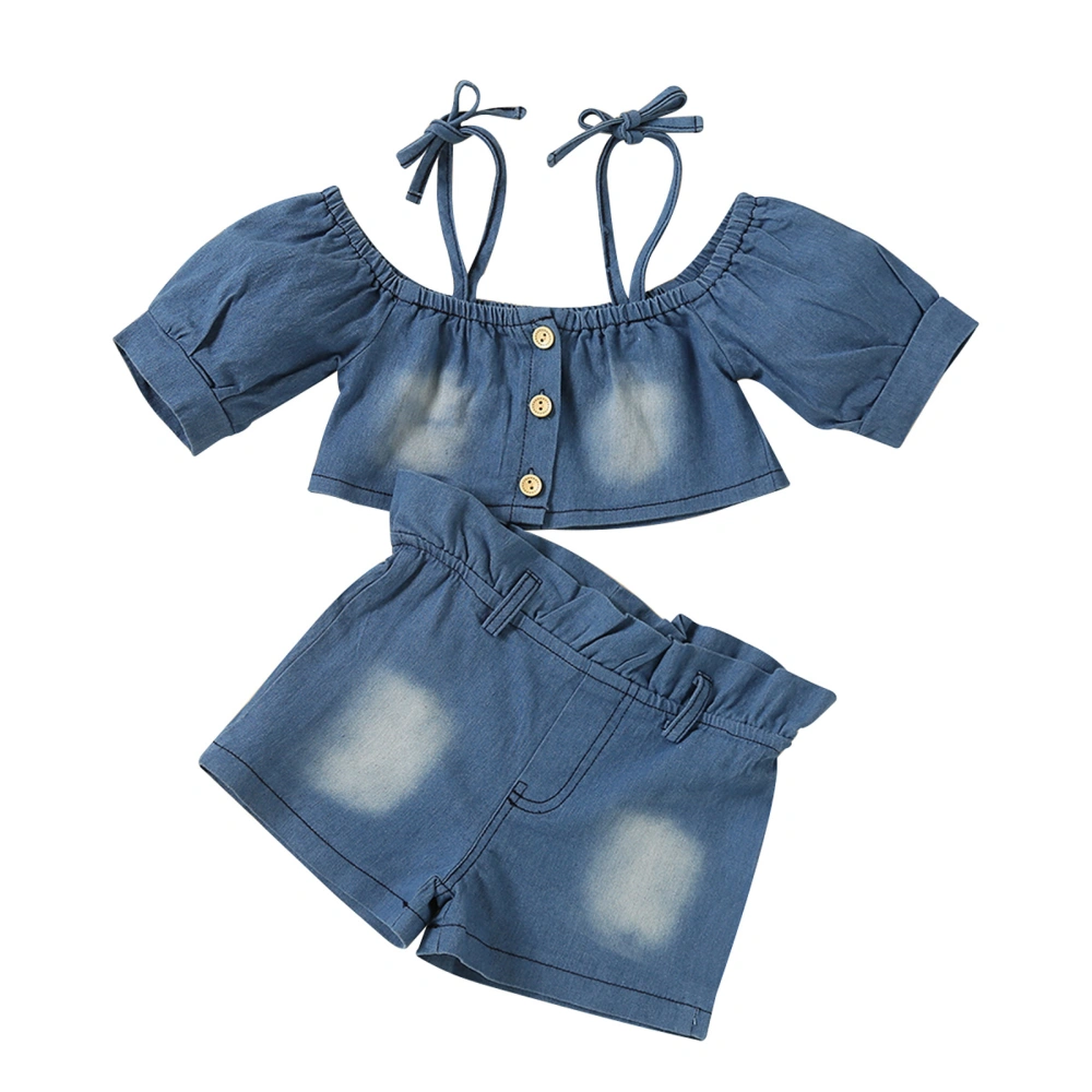 Kids Girls Denim Outfits, Off-shoulder Crop Top with Shorts Outfit