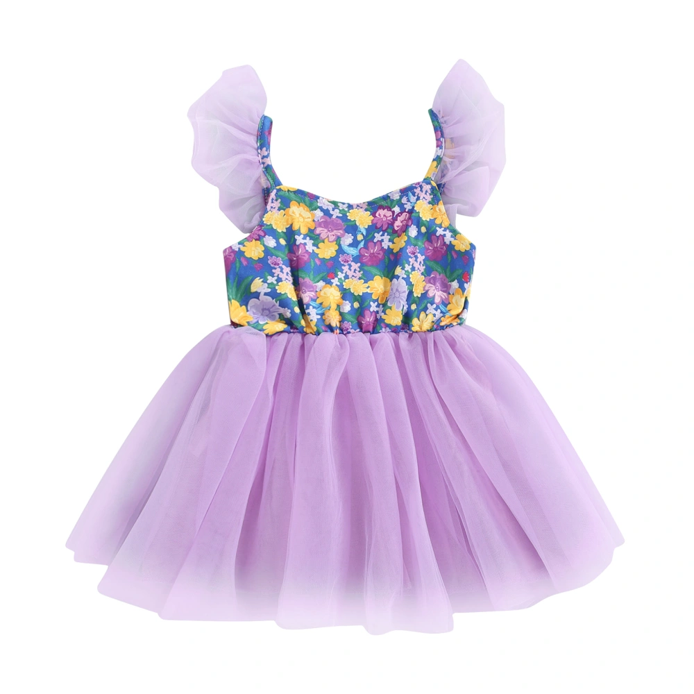 Girls Princess Dress, Purple Flower Print Fly Sleeves Yarn Skirt