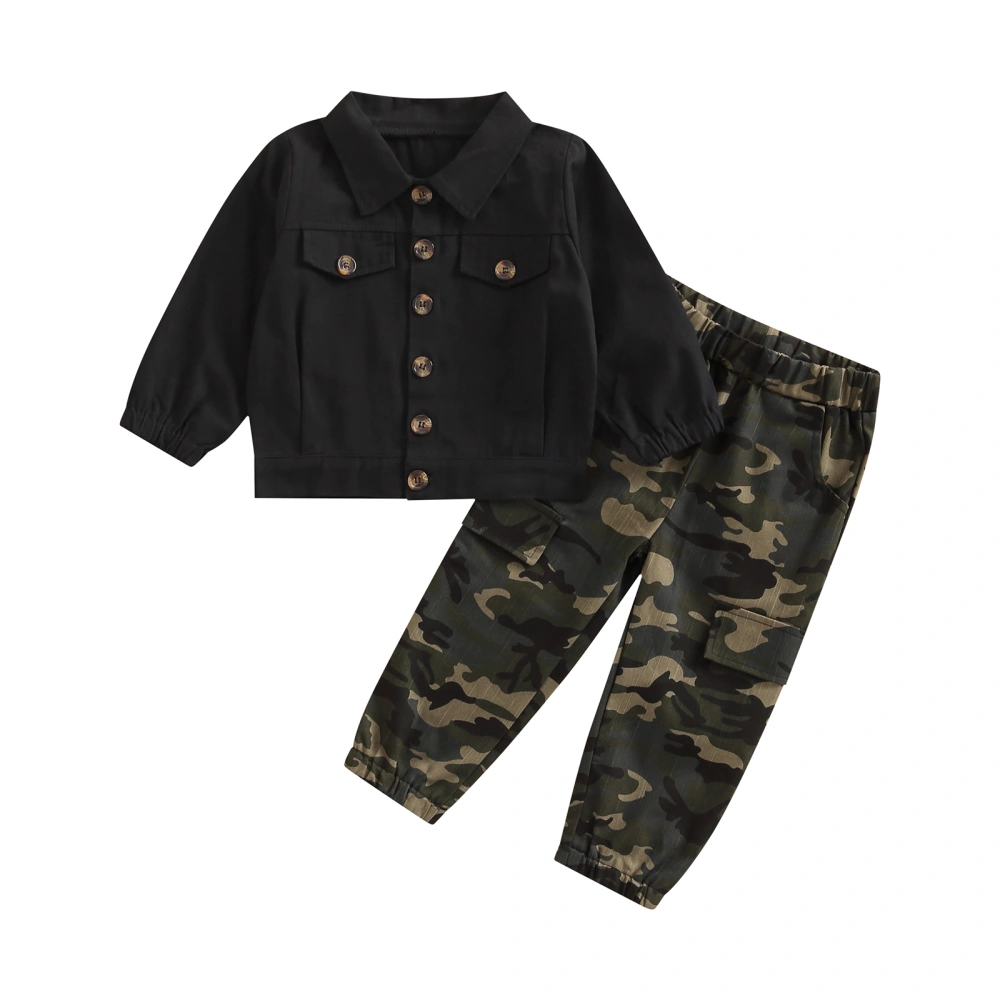 Boys 2Pcs Suit, Button-Down Plain Lapel Coat + Camouflage Pants