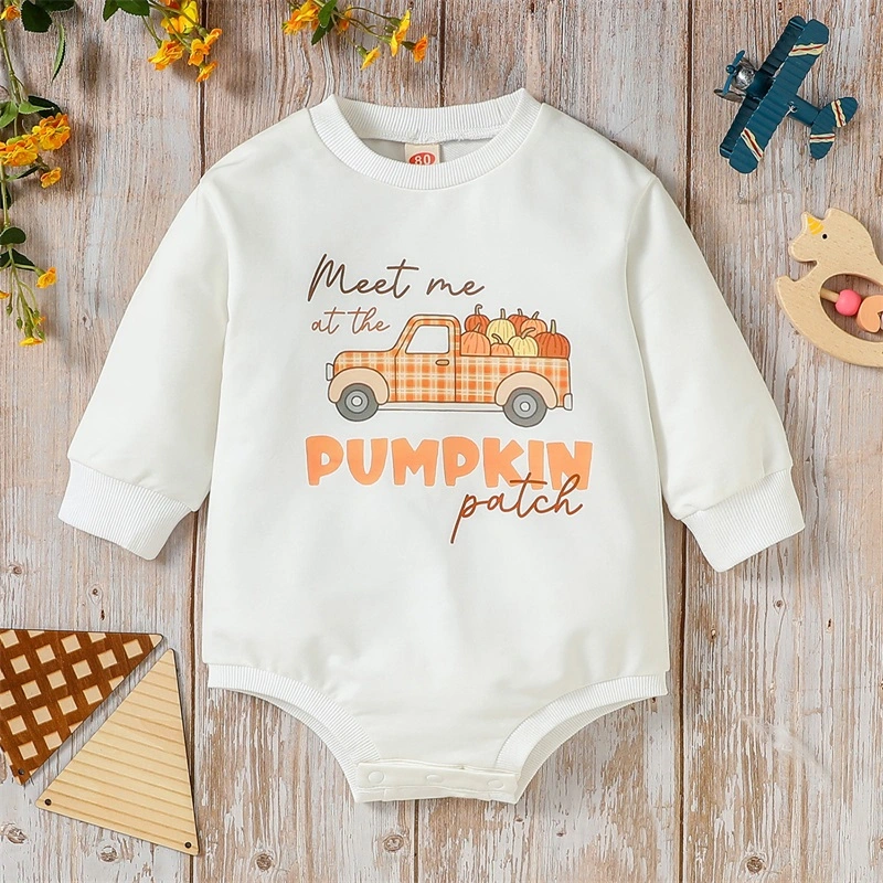 Baby Girls Halloween Long Sleeve Pumpkin Print Loose Fit Rompers