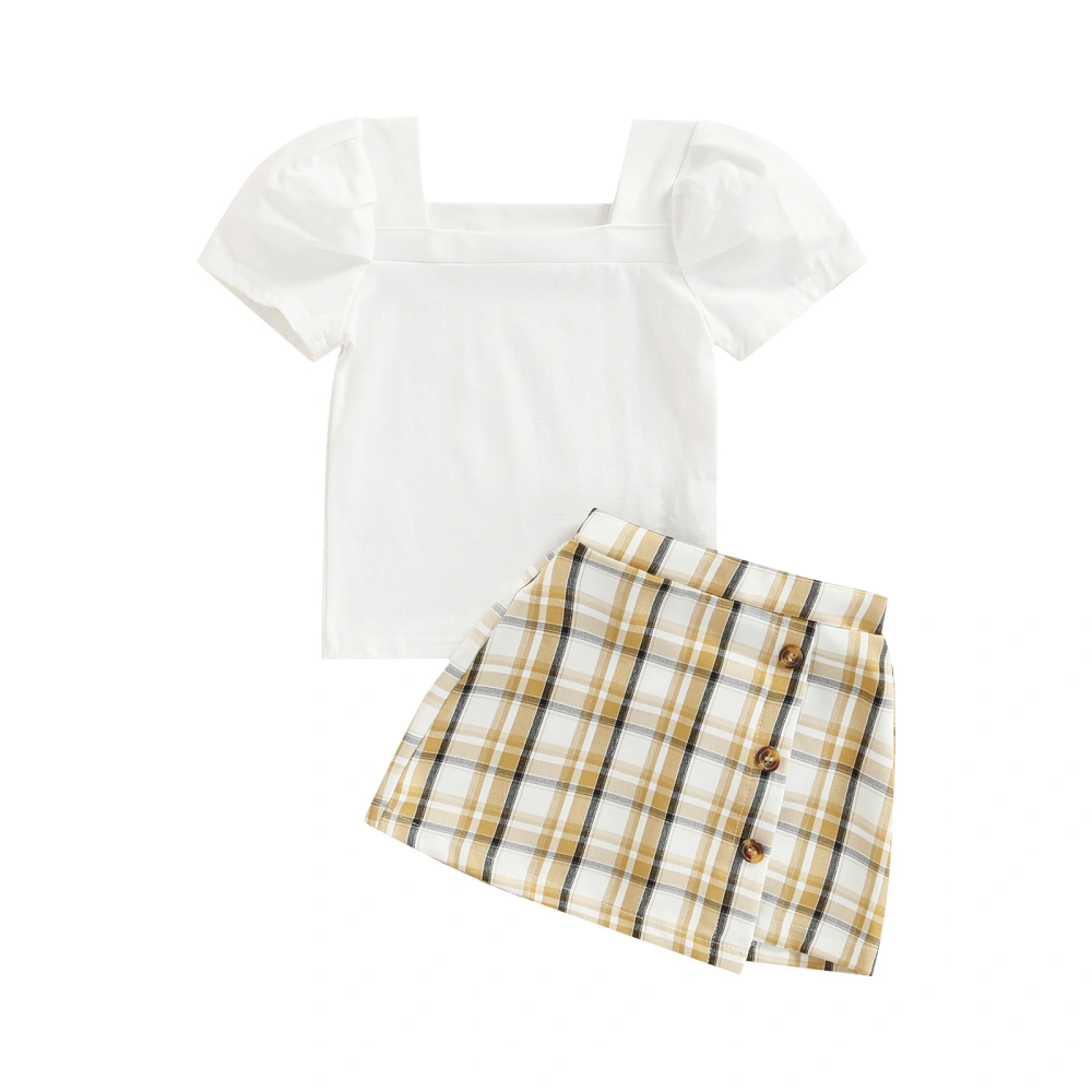 Children Girls Short Skirt Suit Short Sleeves Tops Check Skirt