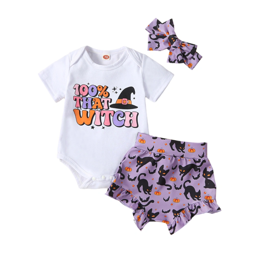 Baby Girls White Romper and Bat Black Cat Print Shorts Headband Sets