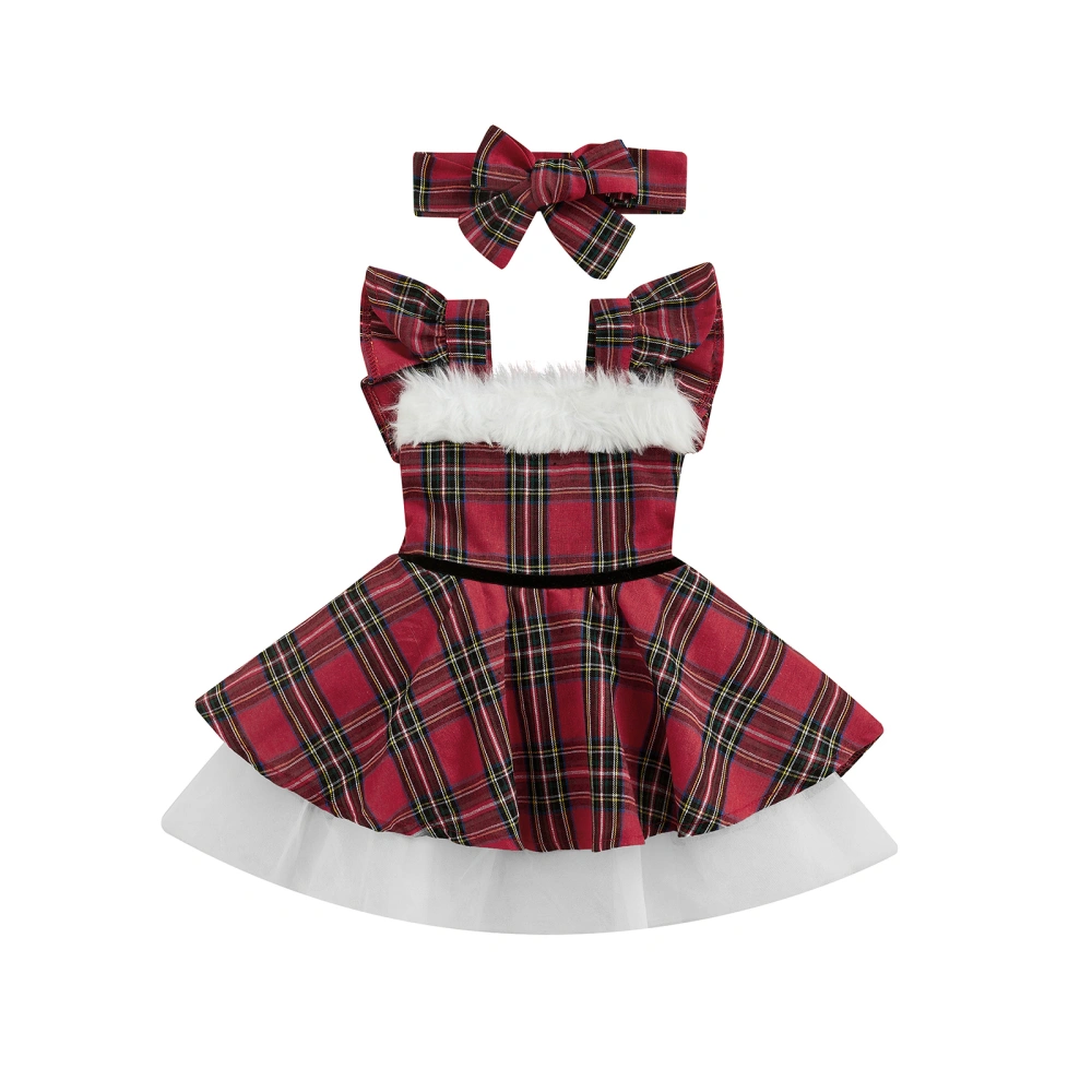 Baby Girls Flying Sleeve Layered Tulle Pleated Plaid Dress + Headband