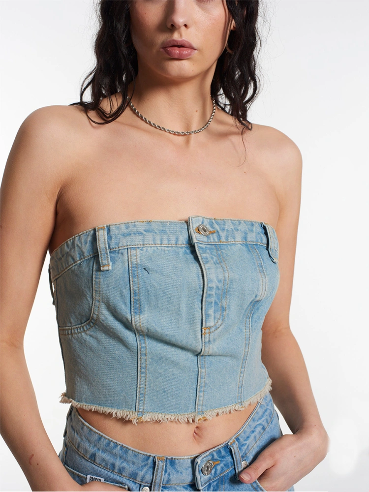 Women Denim Tube Tops Solid Color Button Frayed Hem Bandeau Tops