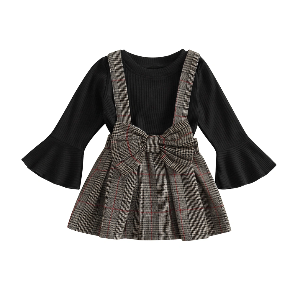 Girls 2 Pieces Outfits, Solid Color Tops + Plaid Suspender Skirts