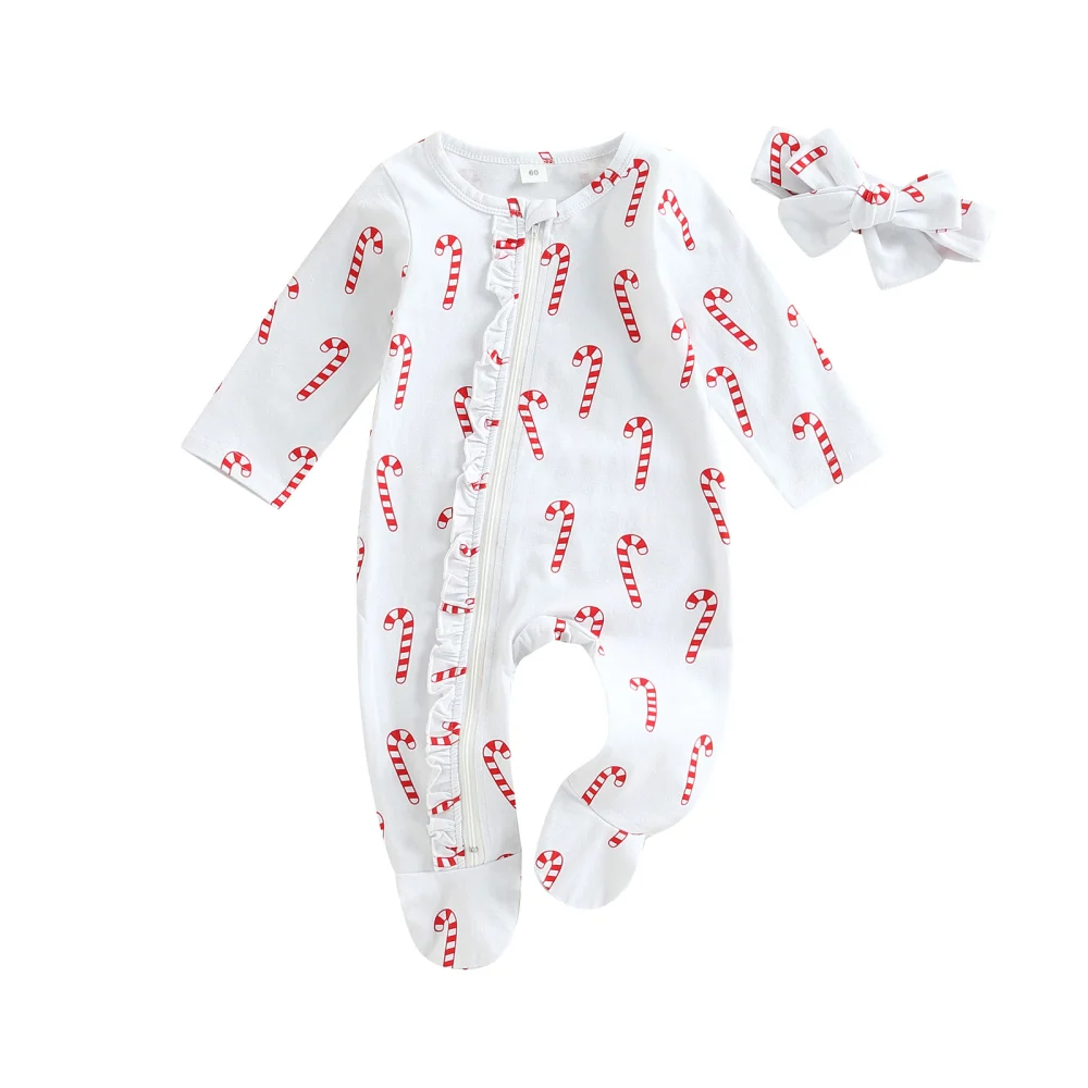 Infant Baby Footed Romper, Print Long Sleeve Jumpsuit + Headband