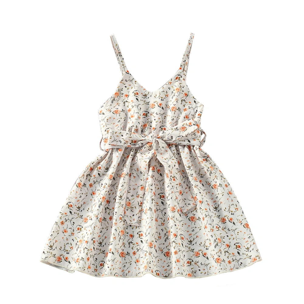 Girls Summer Dress, Floral Print V-Neck Strappy Belted One-Piece