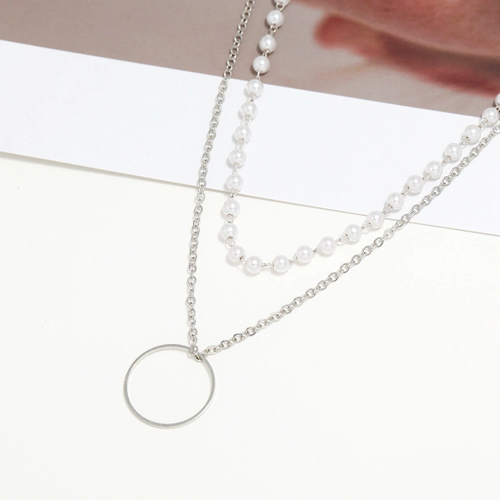 Double Layer Clavicle Necklace, Imitation Pearl Ring Pendant Necklace
