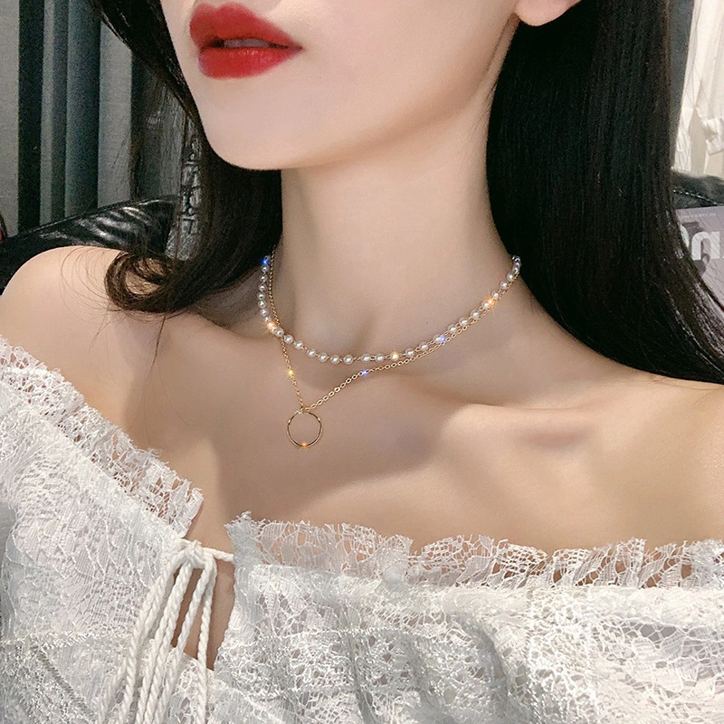 Double Layer Clavicle Necklace, Imitation Pearl Ring Pendant Necklace