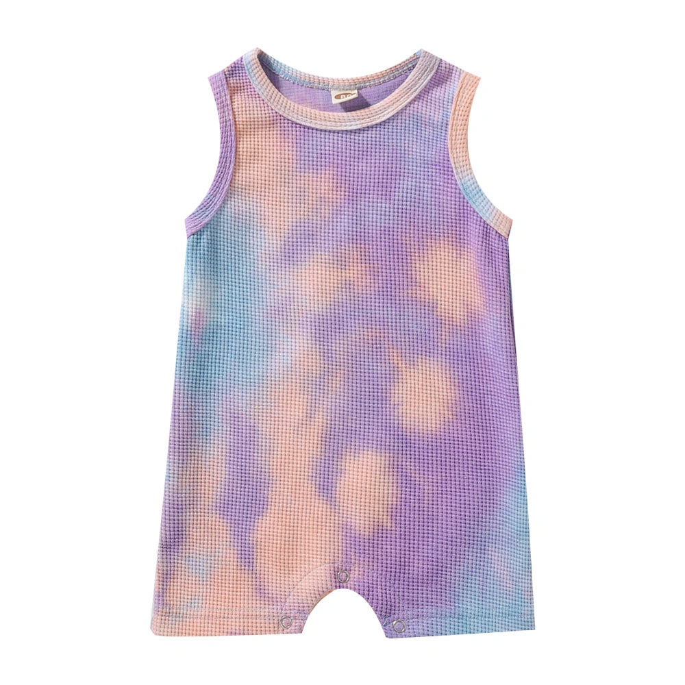 Summer Waffle Playsuit, Sleeveless Tie-dye Print Round Neck Romper