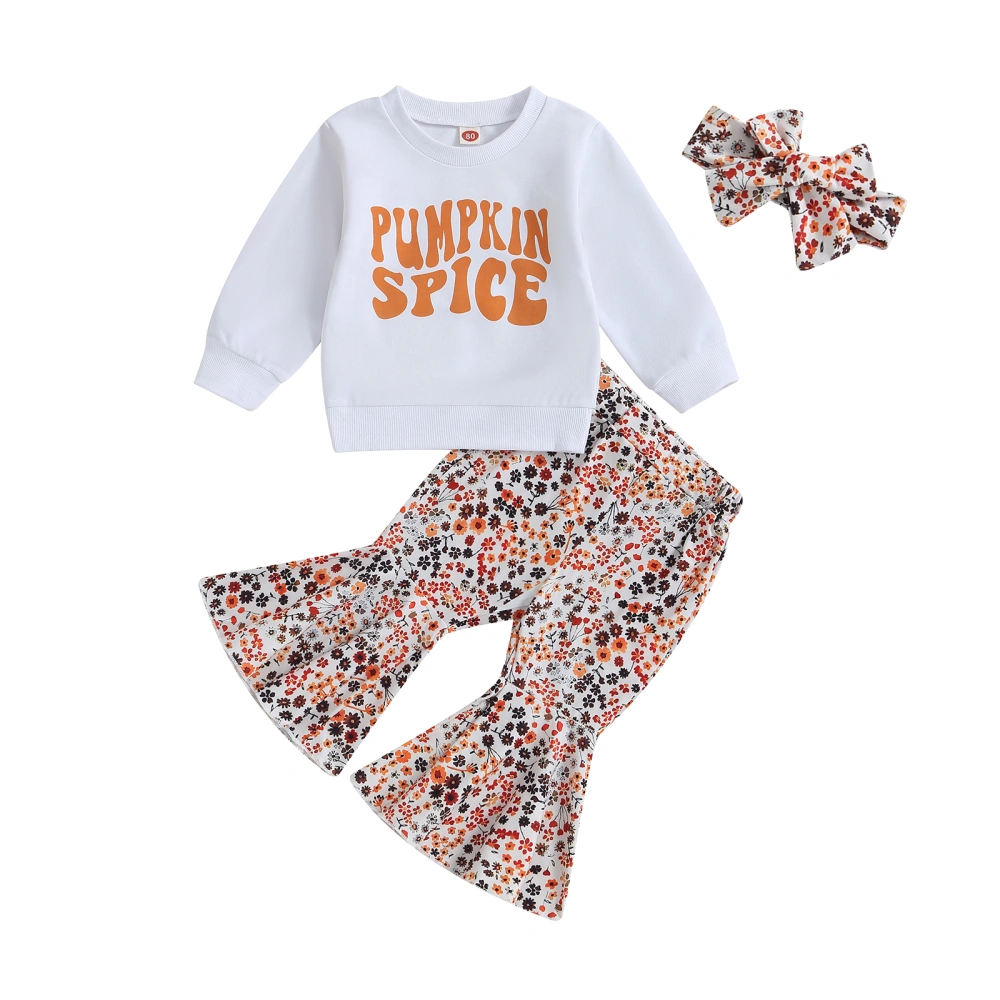 Girl Letter Long Sleeve Crewneck Tops Flower Flare Pants Headband 