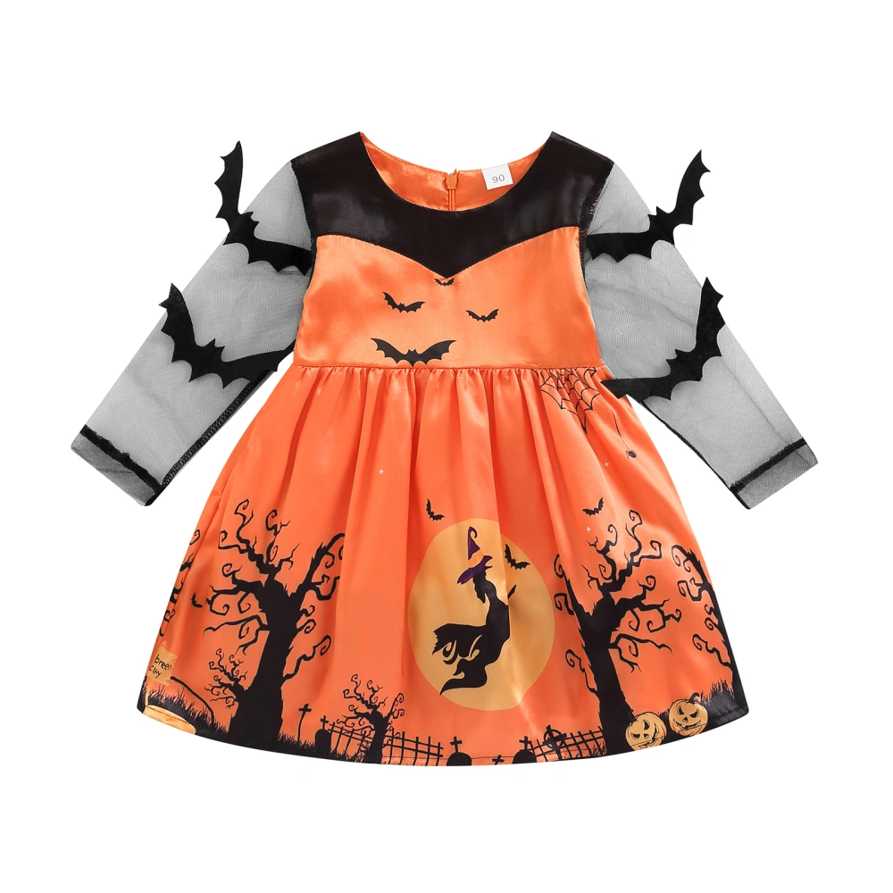 Girls Halloween Party Dress, Mesh Patchwork Sleeve Bat Print Dress