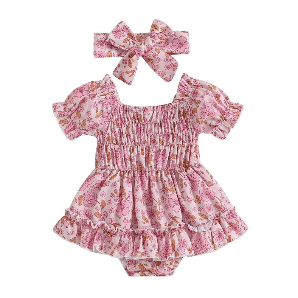 Infant Girl Rompers Dress Flower Print Bodysuits with Headband