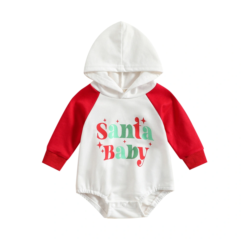 Baby Christmas Hooded Romper, Casual Long Sleeve Letter Print Bodysuit