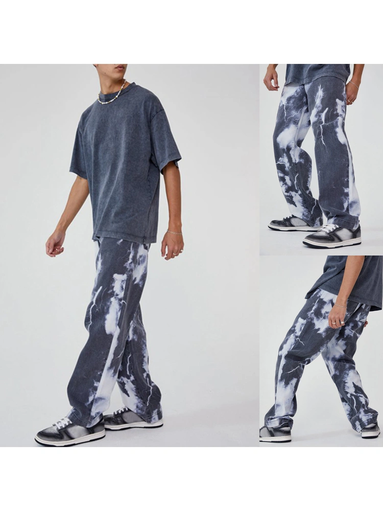 Men Loose Color Block Lightning Cloud Print Skate Jeans with Pockets