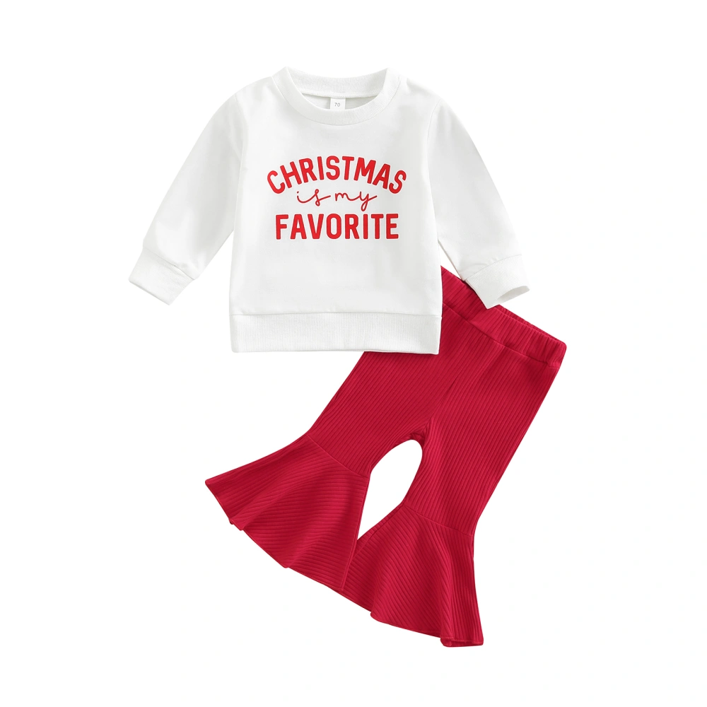 Baby Girls Christmas Pants Set, Letters Print T-shirt + Flare Pants 