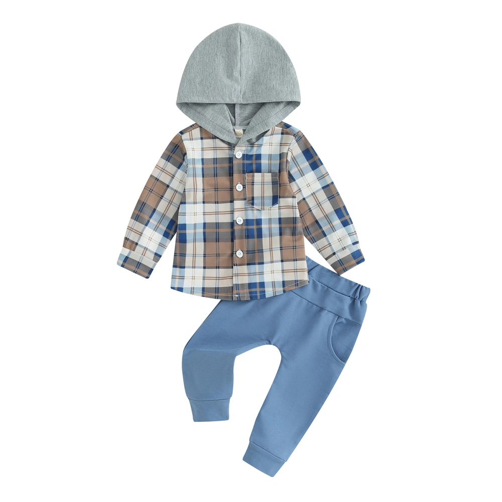 Toddler Boys Fall Outfits Plaid Buttons Hoodies Shirts Long Pants