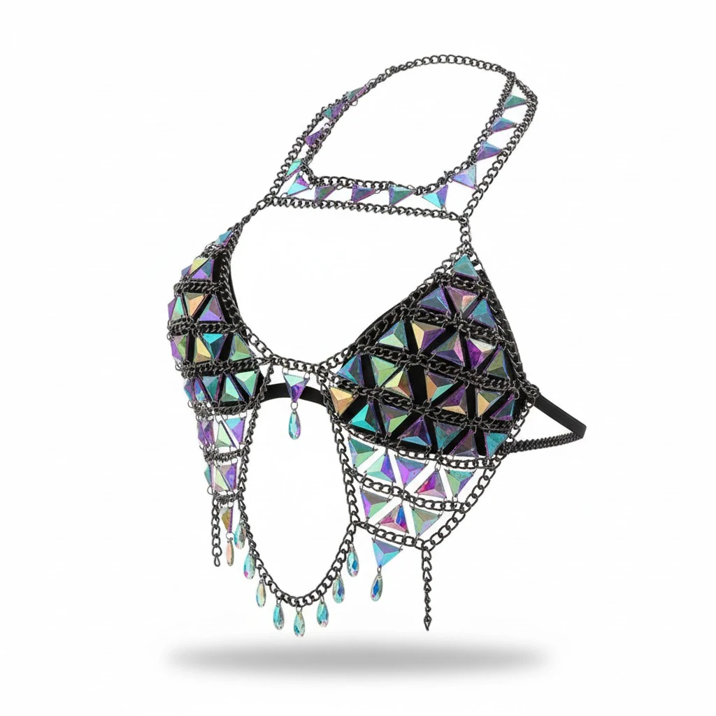 Women Halterneck Body Chain Cutout Shiny Rhinestone Chest Chain Bra