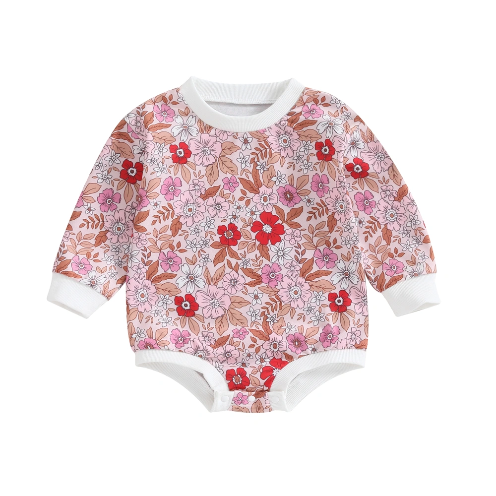 Baby Girls Romper, Long Sleeve Crew Neck Flower Print Bodysuit