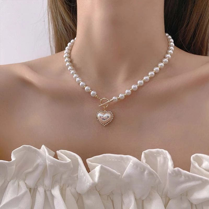Women's Fashion Imitation Pearl Rhinestone Heart Pendant Necklace