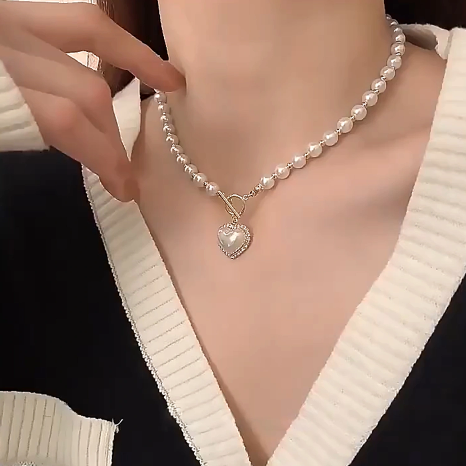 Women's Fashion Imitation Pearl Rhinestone Heart Pendant Necklace