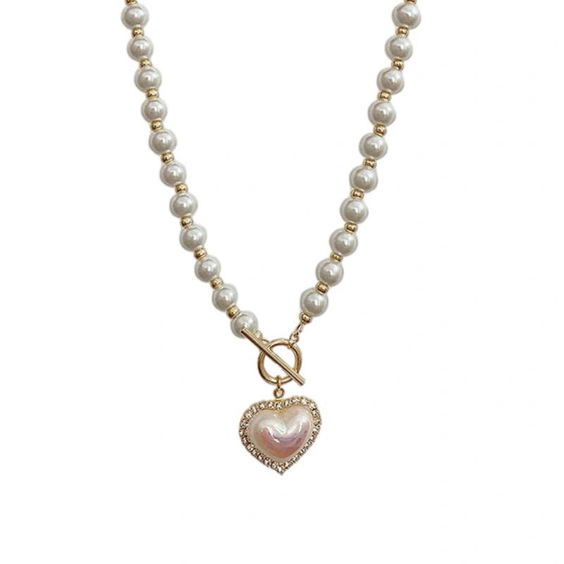 Women's Fashion Imitation Pearl Rhinestone Heart Pendant Necklace