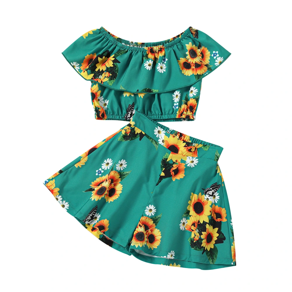 Girls 2Pcs Summer Outfits, Off Shoulder Sunflower Tops + Shorts Set