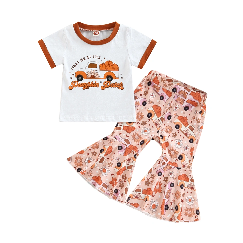 Kid Girl Halloween Short Sleeve Pumpkin Shirt + Bell-Bottoms Pants 