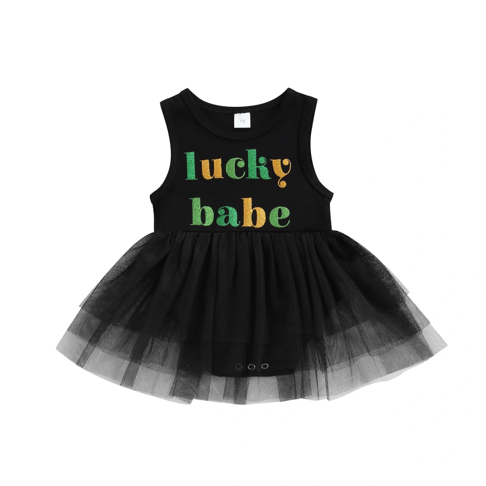 Baby Girls Black Round Neck Letters Pattern Sleeveless Yarn Skirt