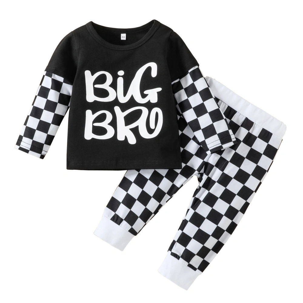 Letter Checkerboard Print Round Neck Long Sleeve Tops+ Long Pants