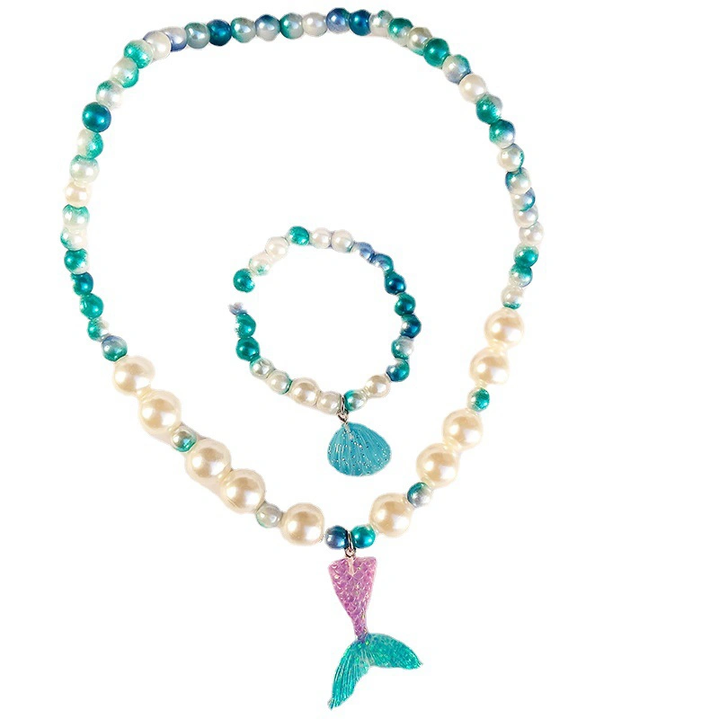 Children's Bracelet Necklace Set, Gradient Pearl Mermaid Shell Jewelry