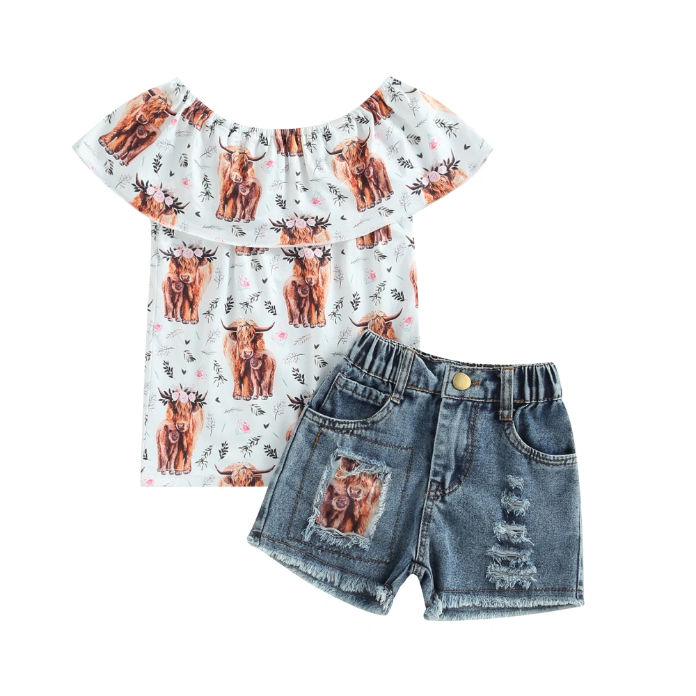 Western Baby Girls Clothes Cow Print Summer Tops and Denim Shorts