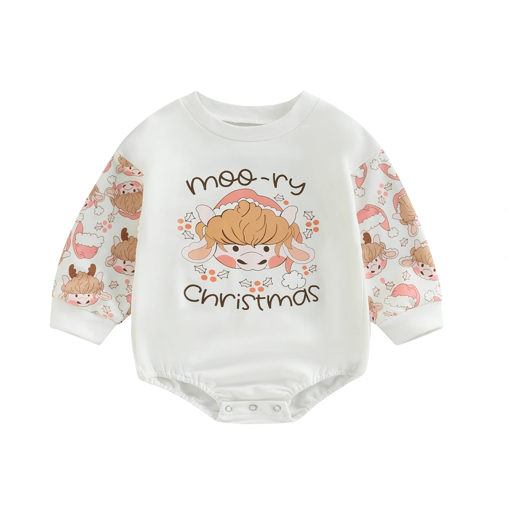 Baby Girls Christmas Romper, Long Sleeve Cartoon Print Bodysuit