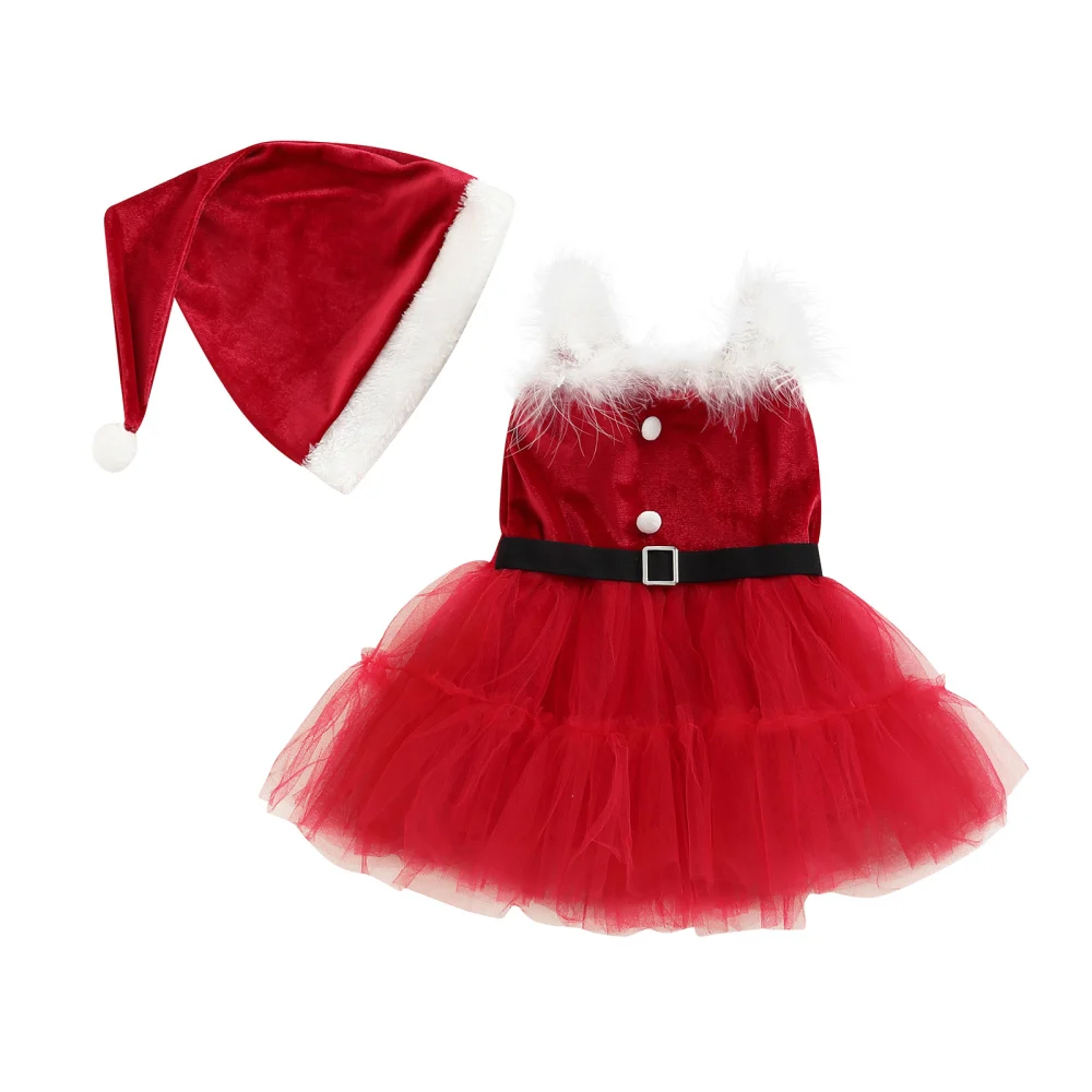 Baby Girls Red Sleeveless Tulle Patchwork Sling Dress + Christmas Hat