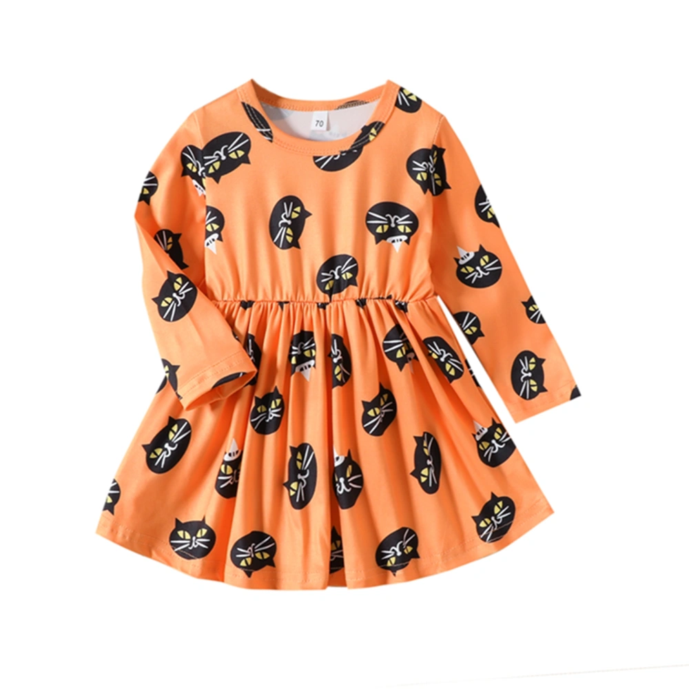 Baby Girls Halloween Orange Long Sleeve Cat Print Pleated Dress  