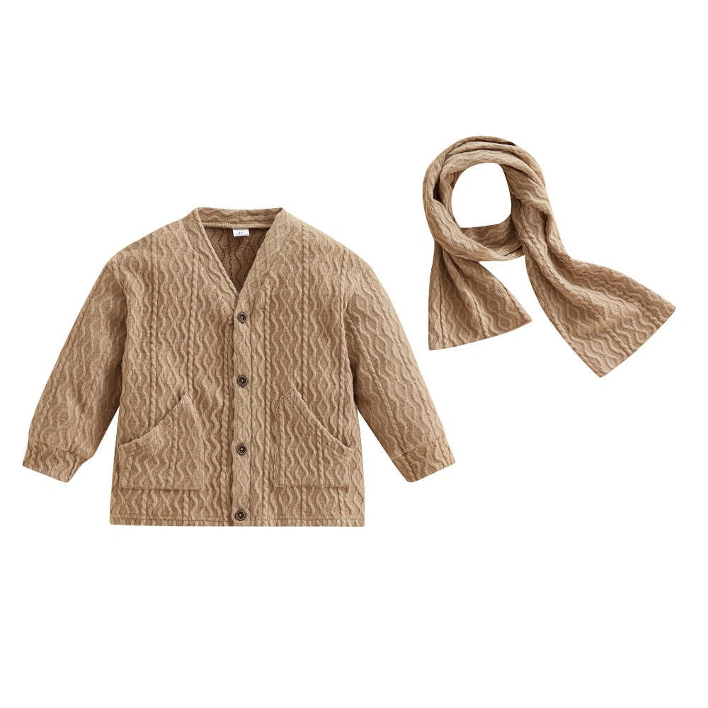 Boy Autumn Knitting Solid Color Long Sleeve Button Coat + Scarf