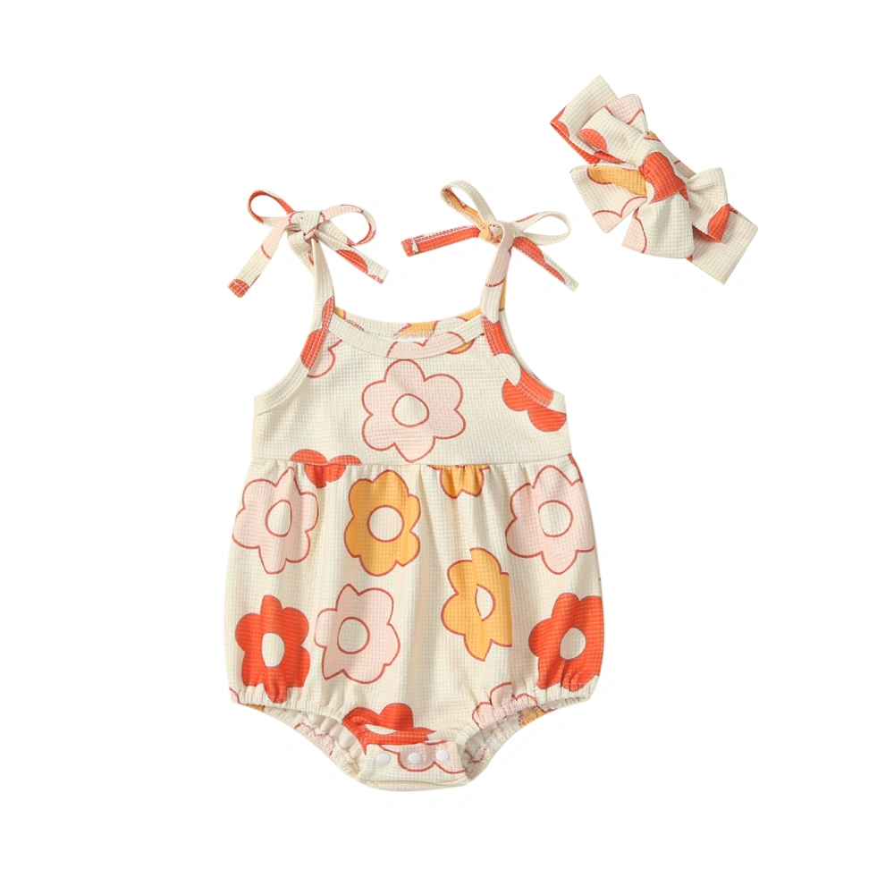 Newborn Girl Outfit, Flower Tie-up Sleeveless Romper with Hairband