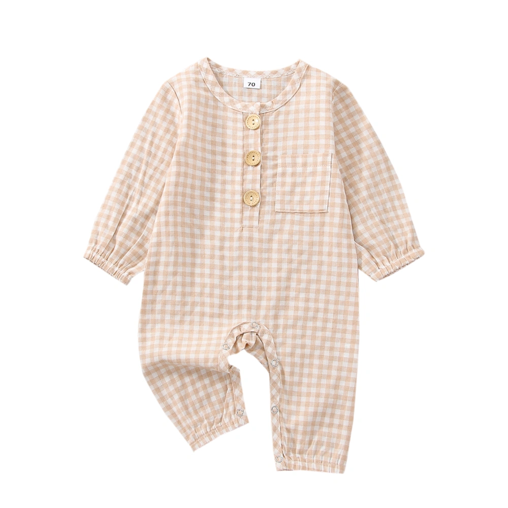 Baby Plaid Round Neck Long Sleeve Romper with Buttons and Pocket