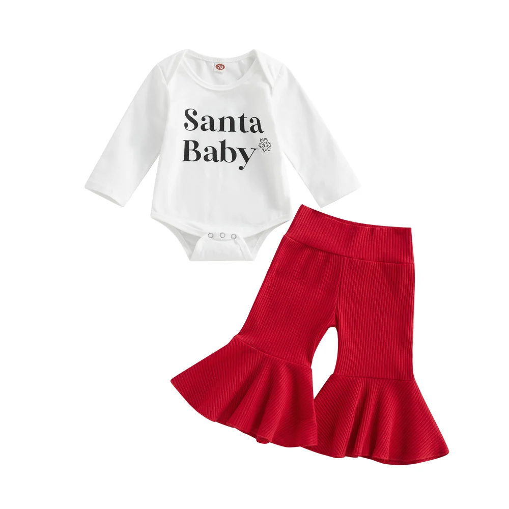 Infant Christmas 2 Pieces Outfit, Letter Print Romper + Flare Pants