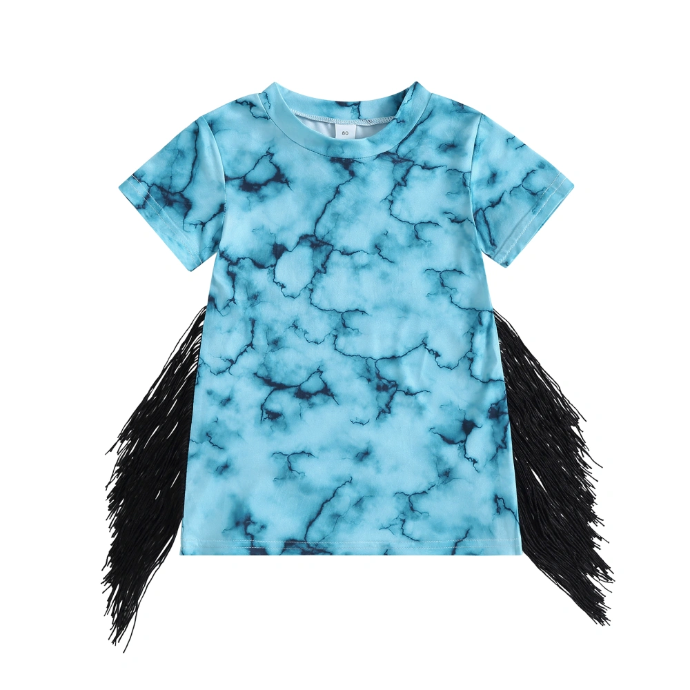 Kids Girls Dress Tie-Dye Print Tassel Crew Neck Short Sleeve Dress