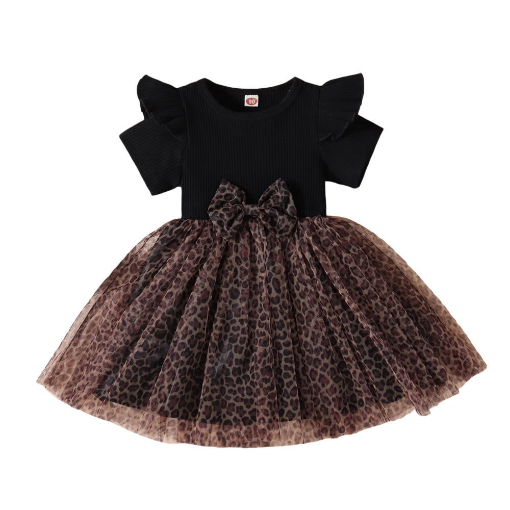 Kids Girl Casual Dress, Short Sleeve Leopard Ruffle Bowknot Mesh Dress