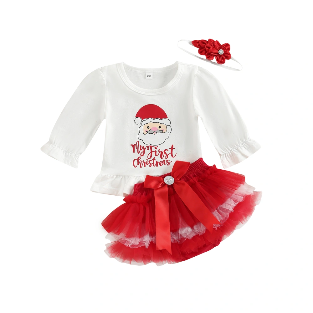 Christmas Girls Clothes Set Long Sleeve Tops and Mesh Shorts Headband